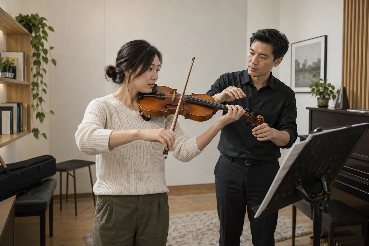 Adult beginner receiving one-to-one violin guidance